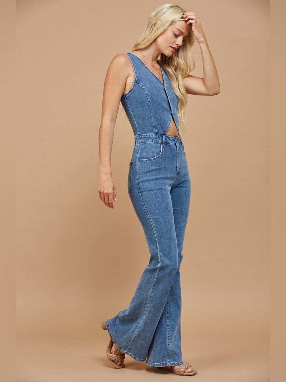 🤠 Western Cut Out Bootcut Denim Jumpsuit | Cowgirl Chic Flare One Piece - Picture 4 of 7